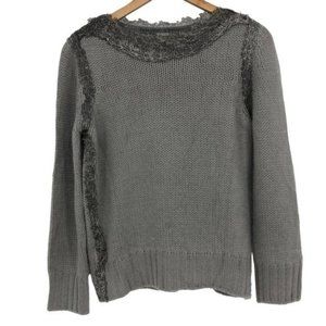 Ermanno Scervino grey 100% Cashmere knit sweater lace trimmed hems LG
